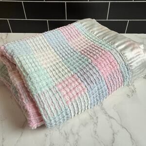 Vintage Pastel Waffle Weave Baby Blanket Satin Trim Block Plaid